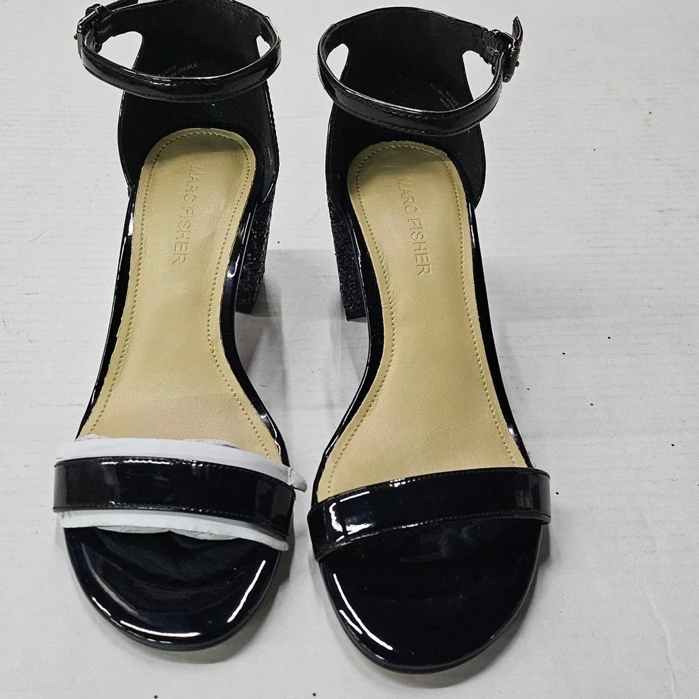 Marc Fisher Safia Black Patent Glitter Block‎ Heel Sandals 5.5M QMSAFIA NEW